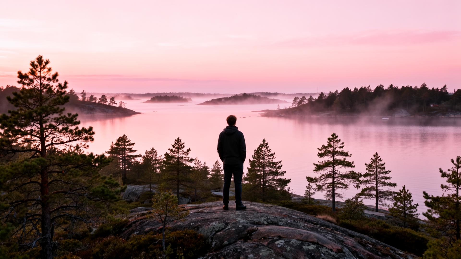 A person looking out at the Swedish archipelago at sunrise
